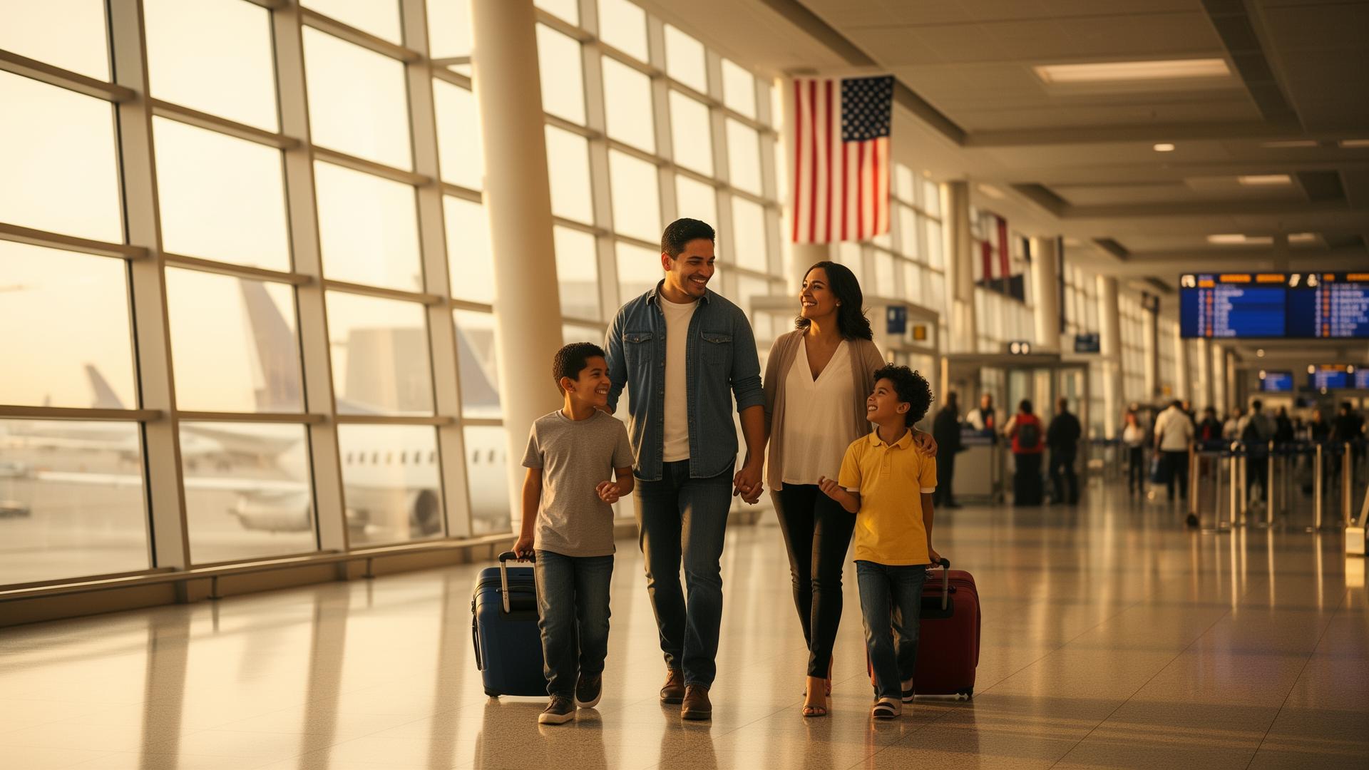 Familia hispana en aeropuerto de Estados Unidos iniciando su nueva vida